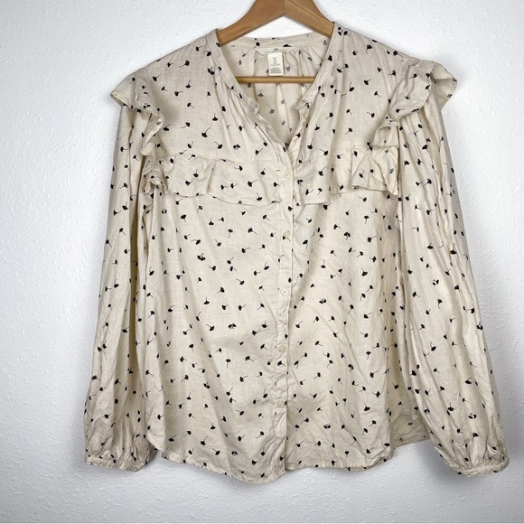 H&M Flounce-Trimmed Tan and Navy Floral Button Up Linen-blend Blouse Sz: L - Picture 3 of 9